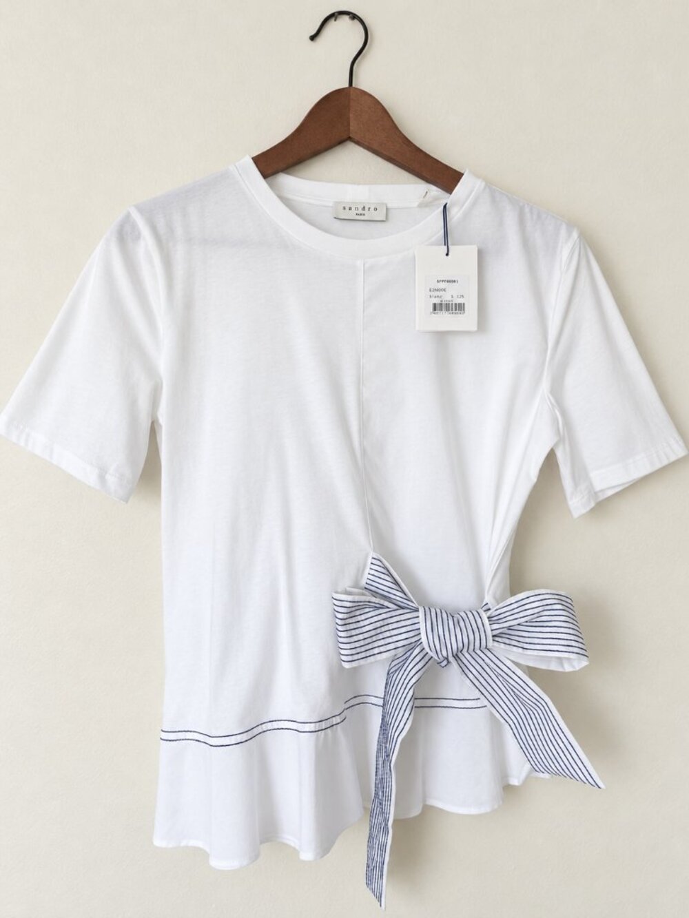 NWT Sandro White Side Bow Cotton Peplum Top Size 1
